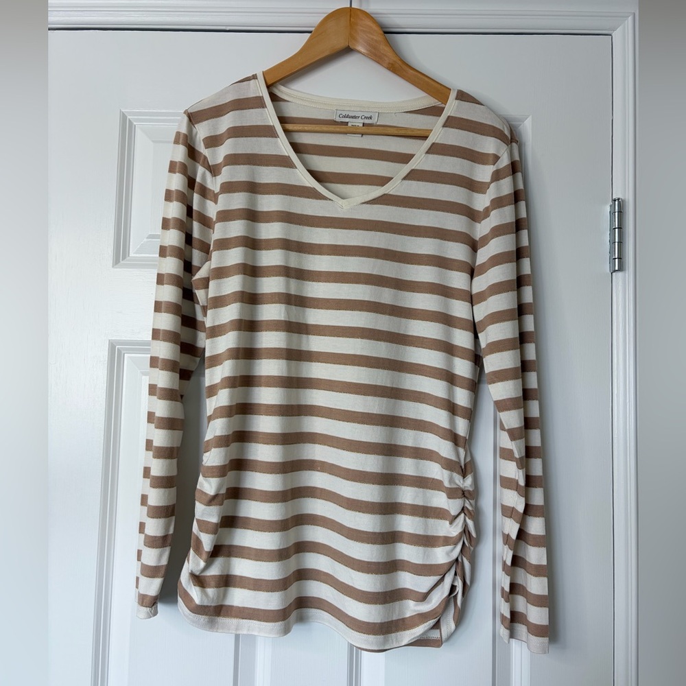 Coldwater Creek Women's Long Sleeve Striped Tan Cream Metallic Stripe Top Size L